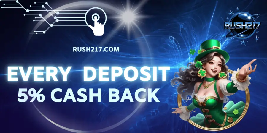 every deposit get 5% cashback at rush217 ph!